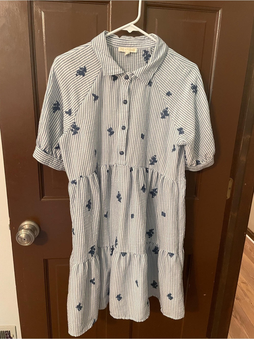 fig and flower Blue and White Striped Button Up Tiered Lightweight Shirt Dress